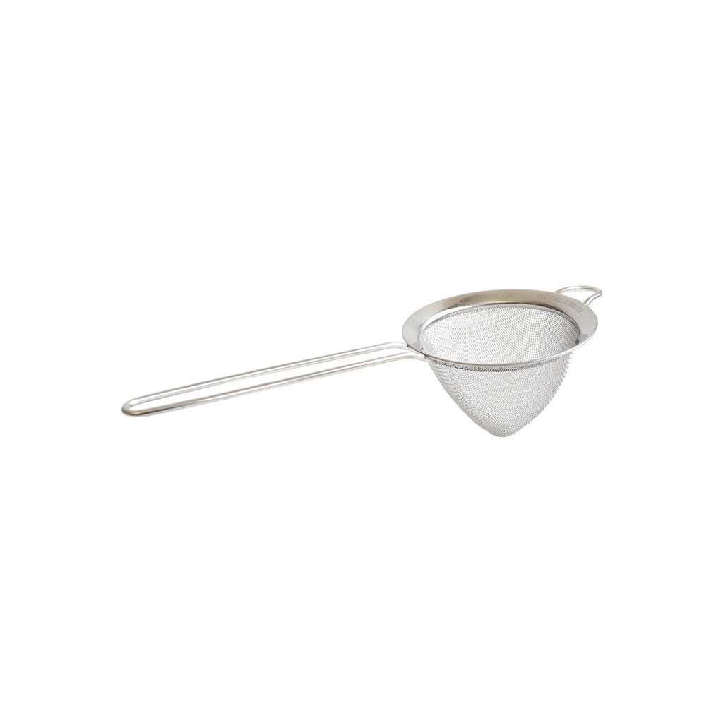 Stainless steel conical strainer with long handle on white background