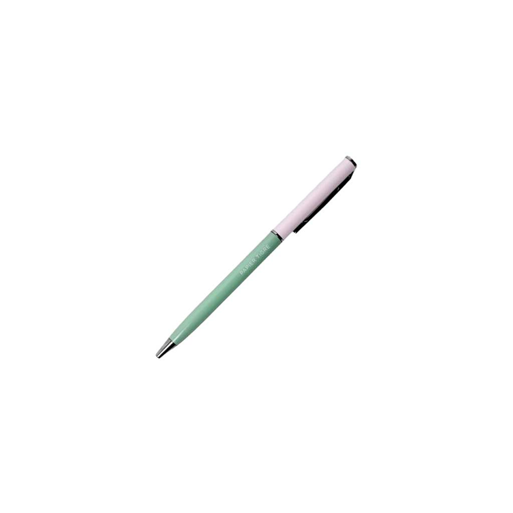 Light green pen with pink accents on a white background