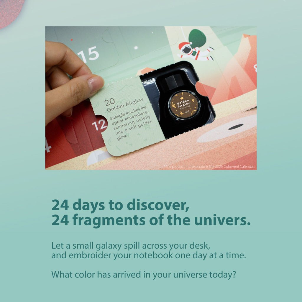 A photo of hand opening a paper door to reveal a small ink bottle inside advent calendar, above graphic for Colorverse Colorvent Advent Calendar on blue background