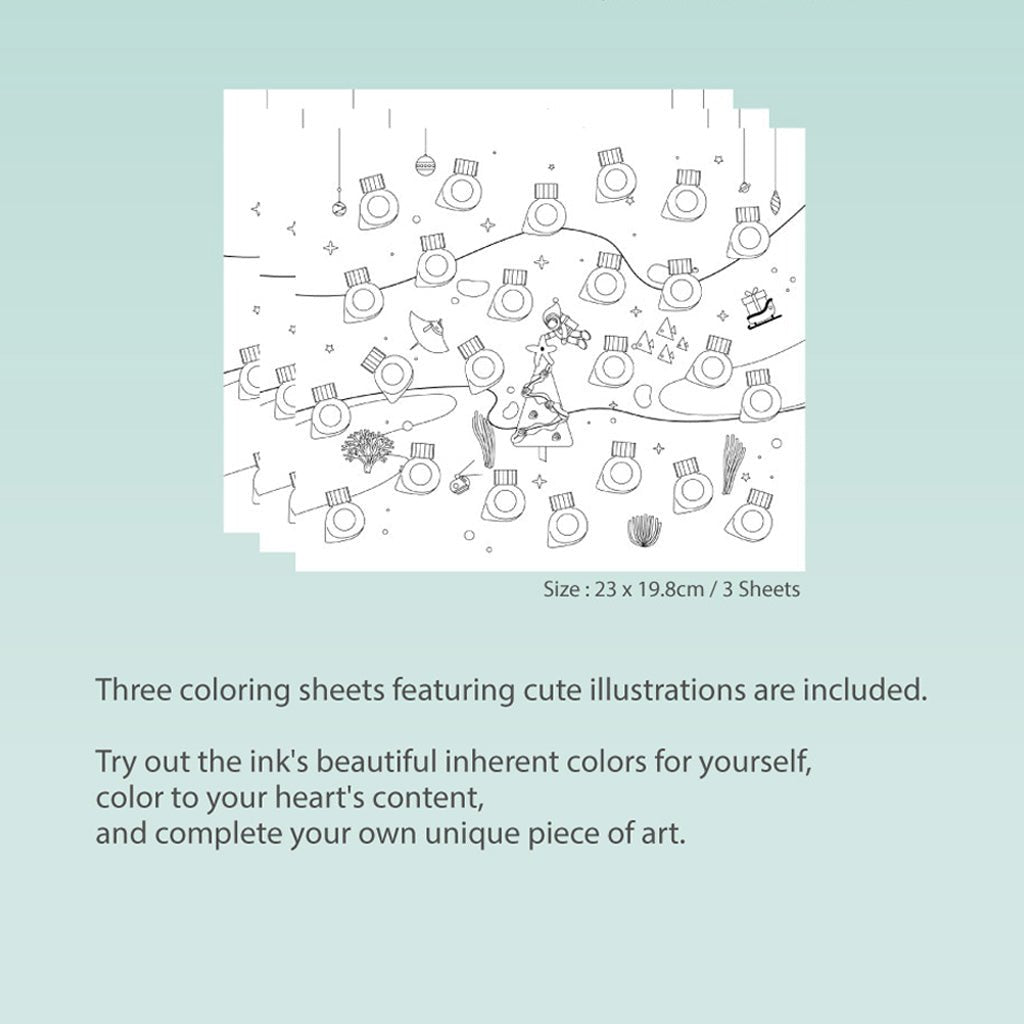 Three white coloring sheets with black line-art illustrations of hanging light bulbs and whimsical doodles, shown on a pale mint background with descriptive text about the sheets.