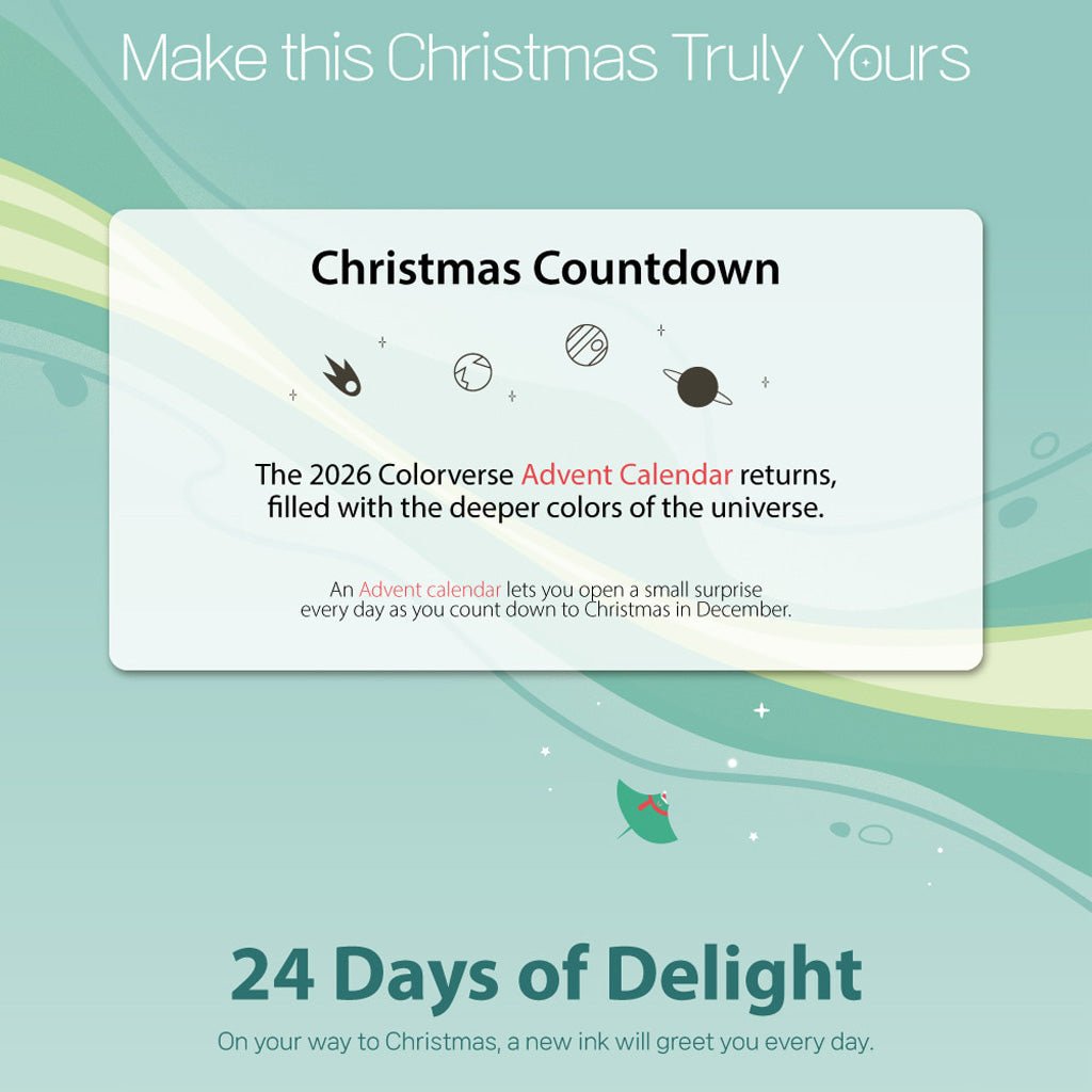 Promotional graphic for the 2026 Colorverse Advent Calendar, featuring a white rounded card with text and simple space-themed illustrations on a soft mint green background with abstract wave shapes.