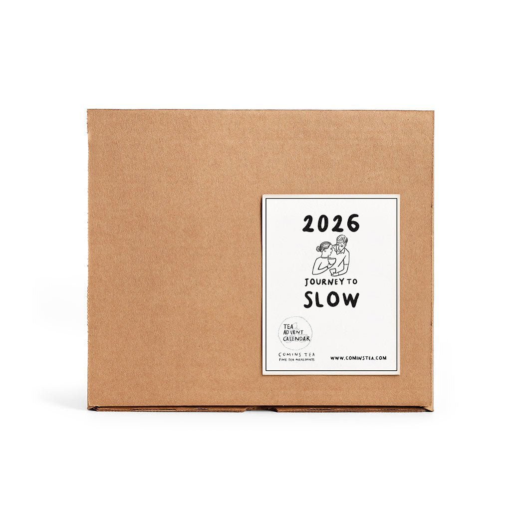 A Comins Tea 2026 advent calendar in brown box and white label.