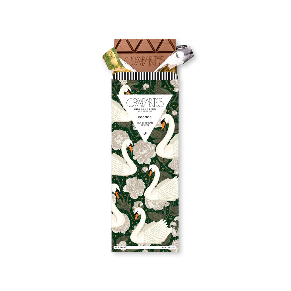 Eggnog chocolate bar in gold foil and packaging with illustrated swans.