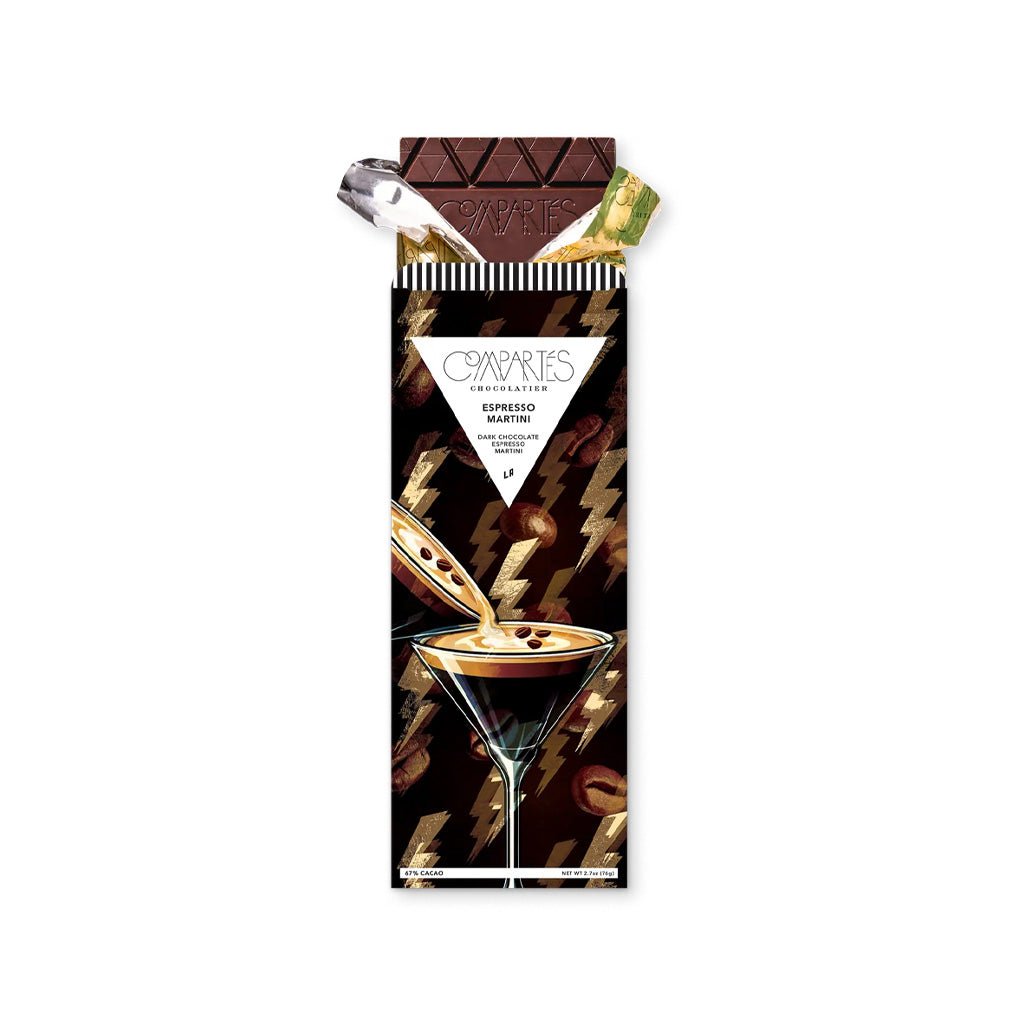 An espresso martini chocolate bar in gold foil inside packaging.
