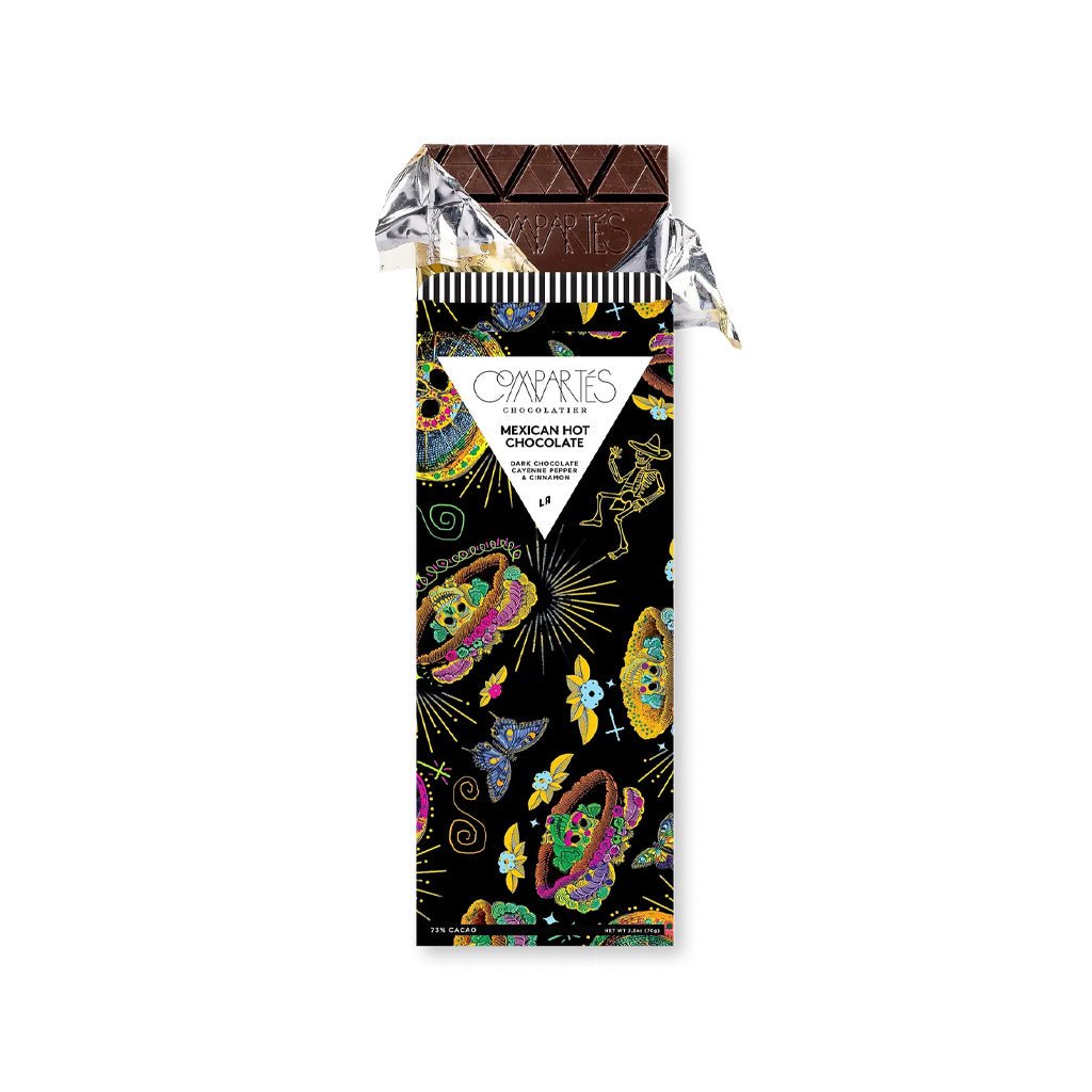 Mexican hot chocolate bar in gold foil and packaging.