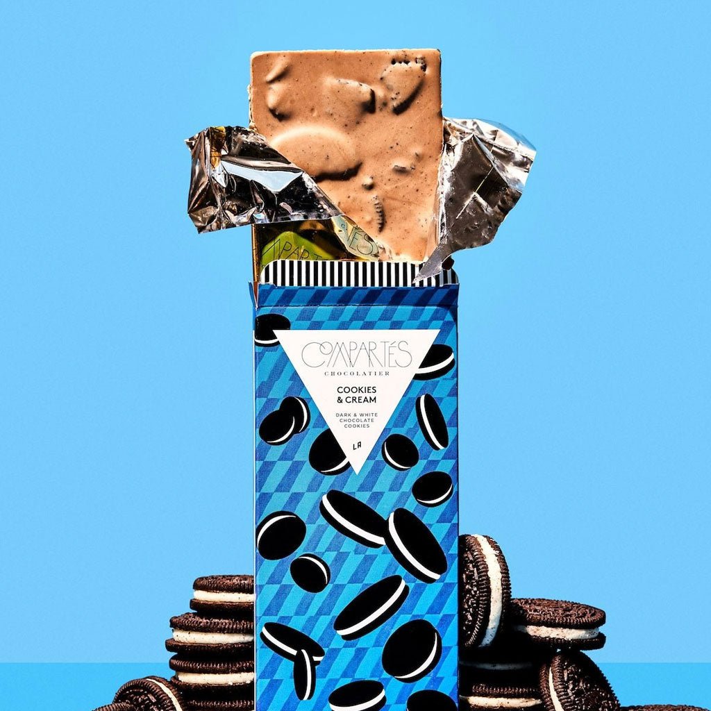 Opened box of cookies and cream chocolate bar