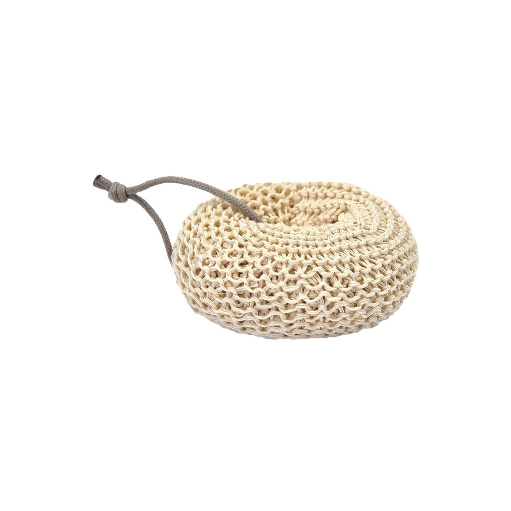 Beige cotton bath sponge loofah with a brown string on a white background