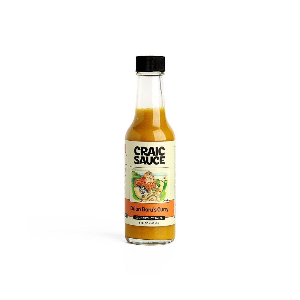 A bottle of Craic Sauce Brian Boru's Curry hot sauce.