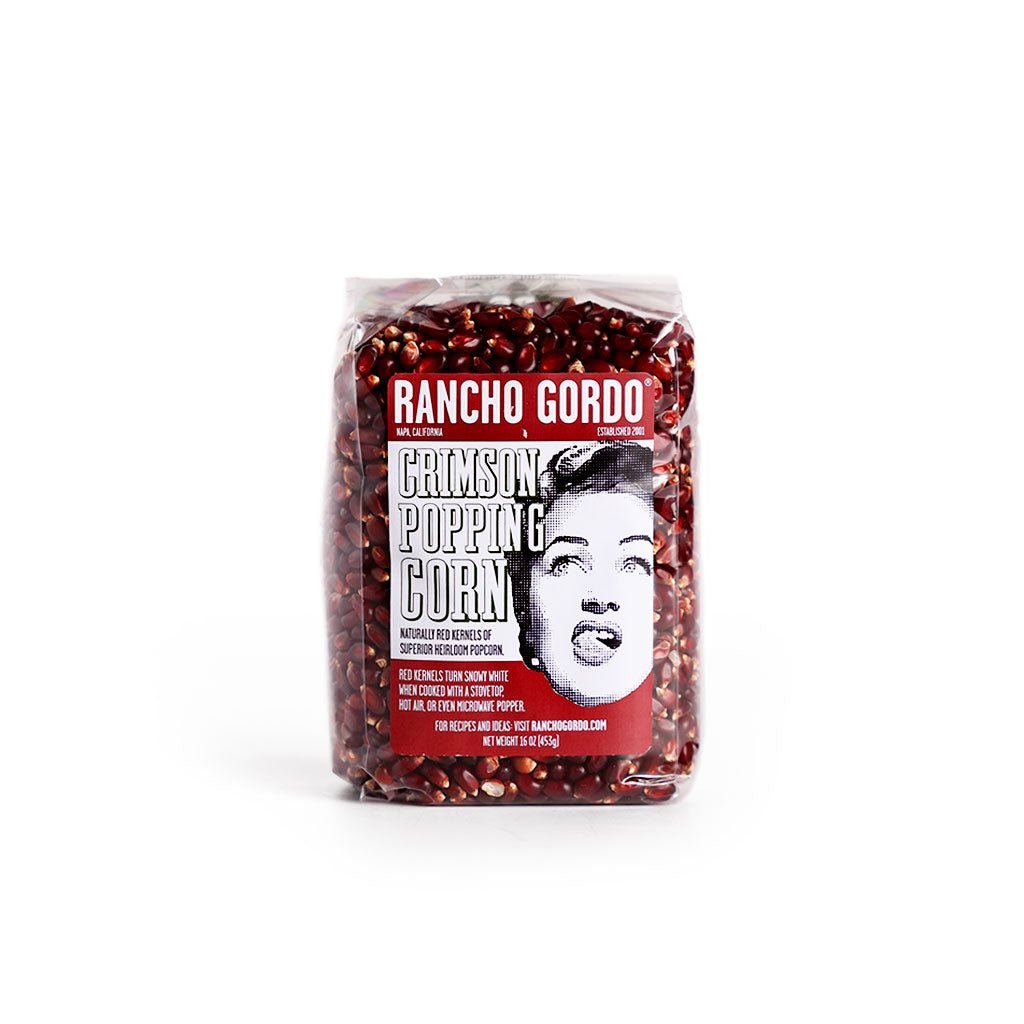 Bag of Rancho Gordo Crimson Popping Corn on a white background
