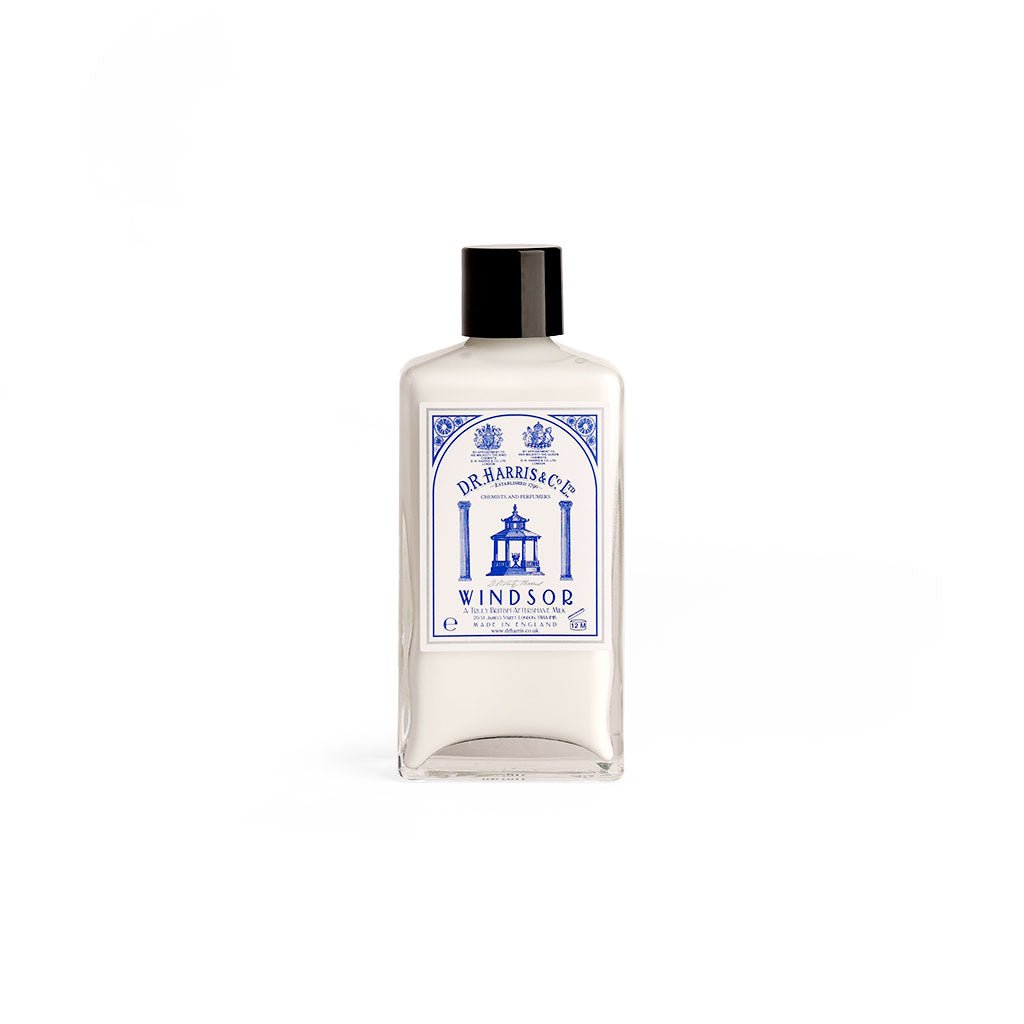 D.R. Harris Windsor aftershave milk in a glass bottle with a black top