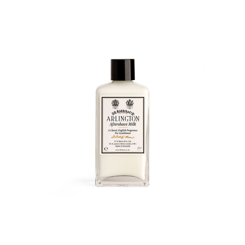 D.R. Harris Arlington aftershave milk in a glass bottle with a black top