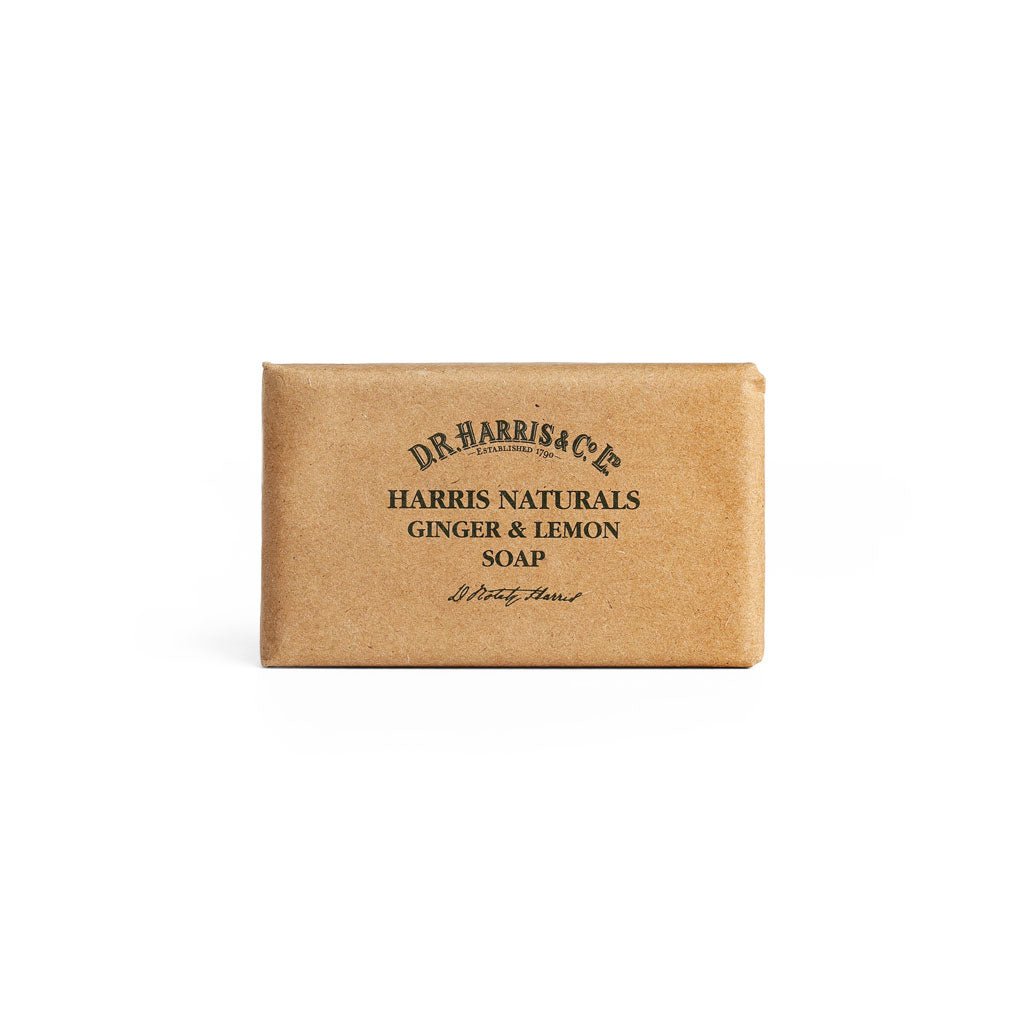 Bar of wrapped D. R Harris soap on a white background