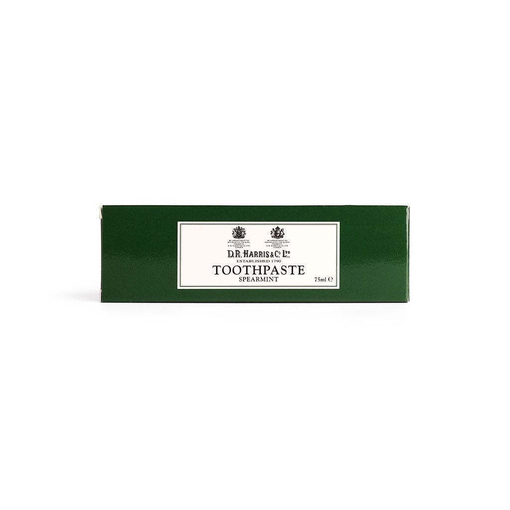 D.r. Harris spearmint toothpaste packaging on a white background