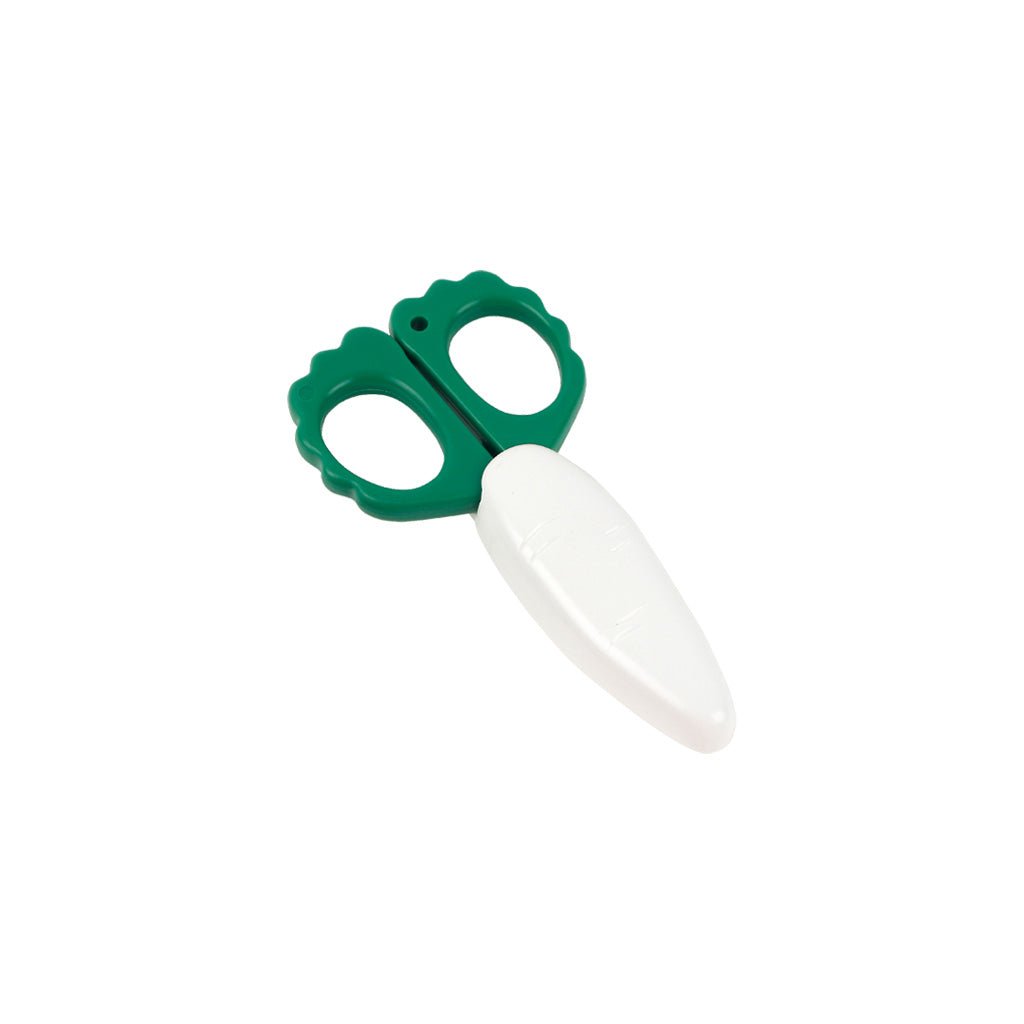 Green and white daikon mini snip scissors on white background