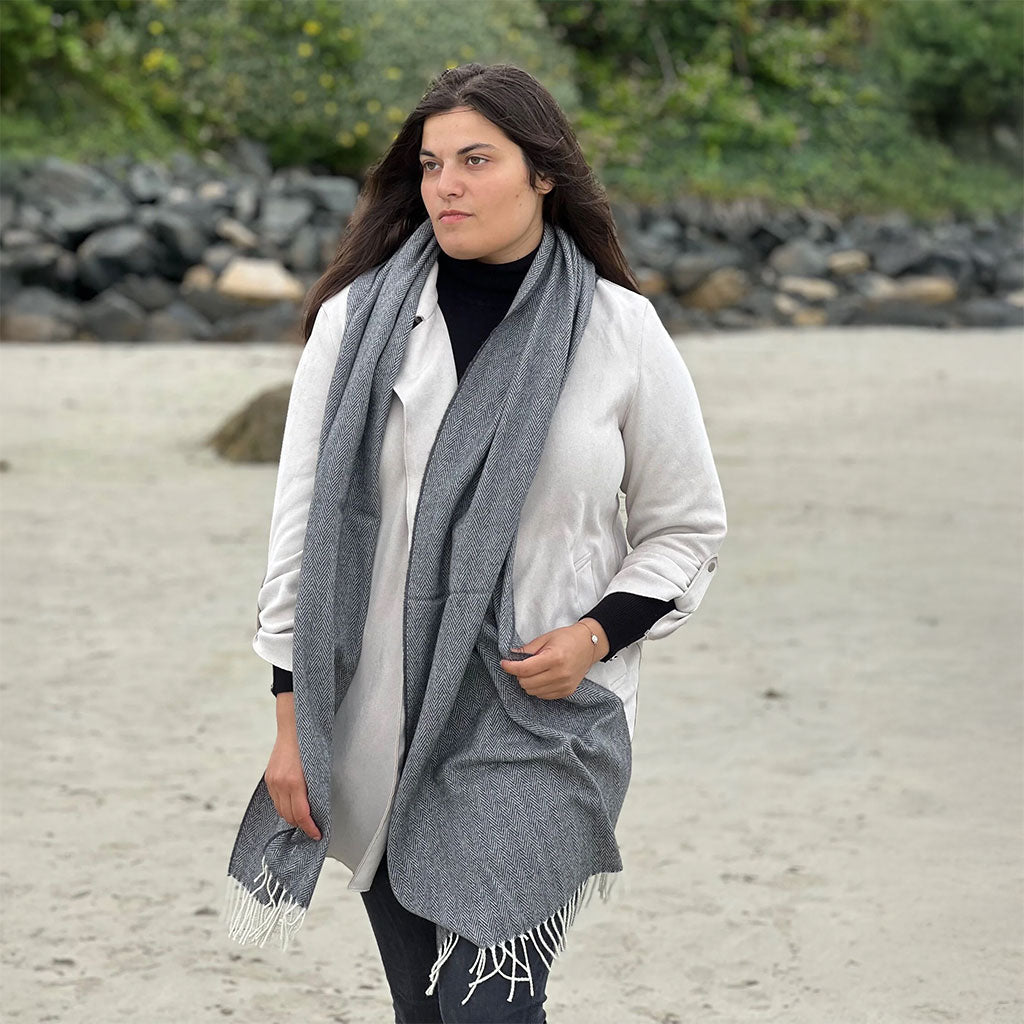 Dark Gray Herringbone Merino Lambswool and Cashmere Wrap Boston General Store
