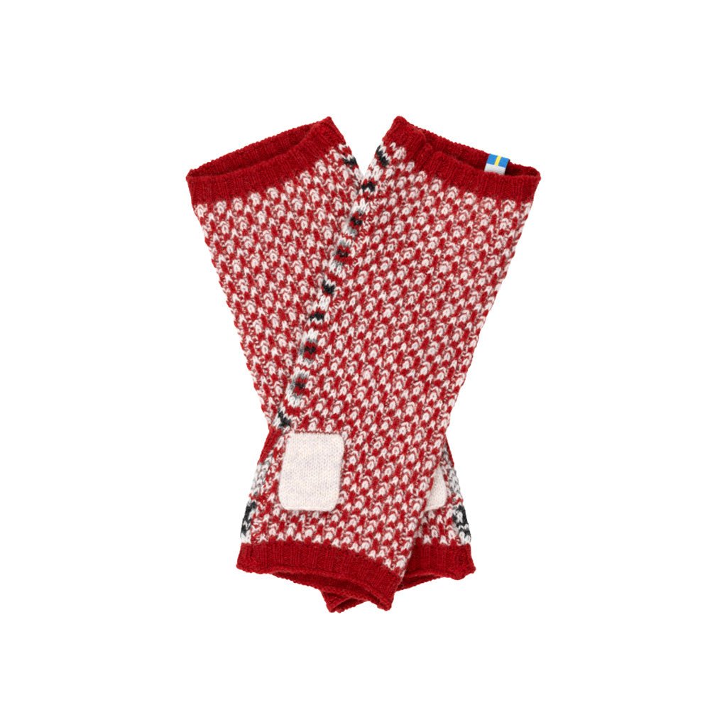 Red and white knit wrist warmers shown on a plain white background.