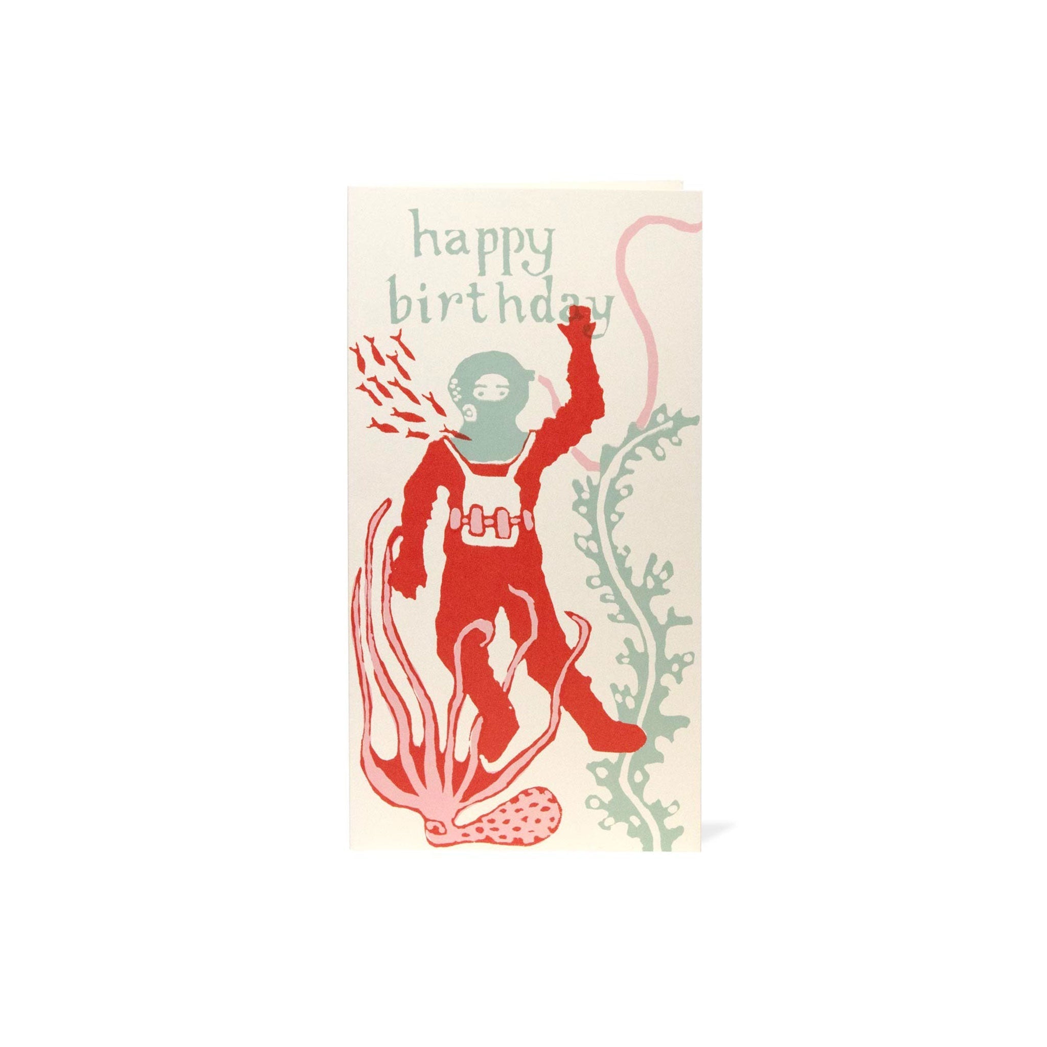 Illustration of a deep-sea diver underwater, with text that reads happy birthday