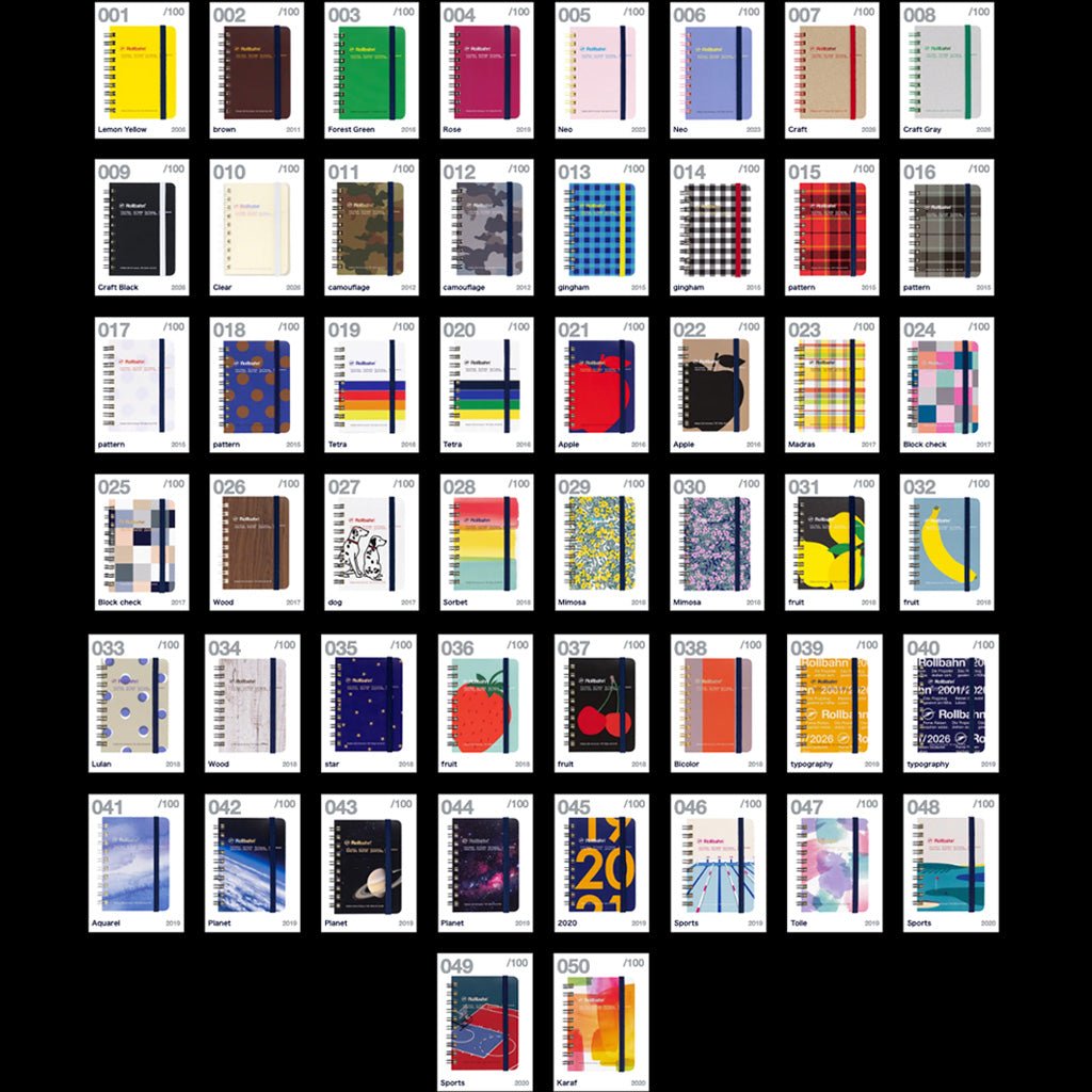 A grid of 50 notebook covers displayed on a black background, each labeled with a number from 1 to 50. The notebooks feature a variety of colorful covers with minimalist designs, patterns, and illustrations.