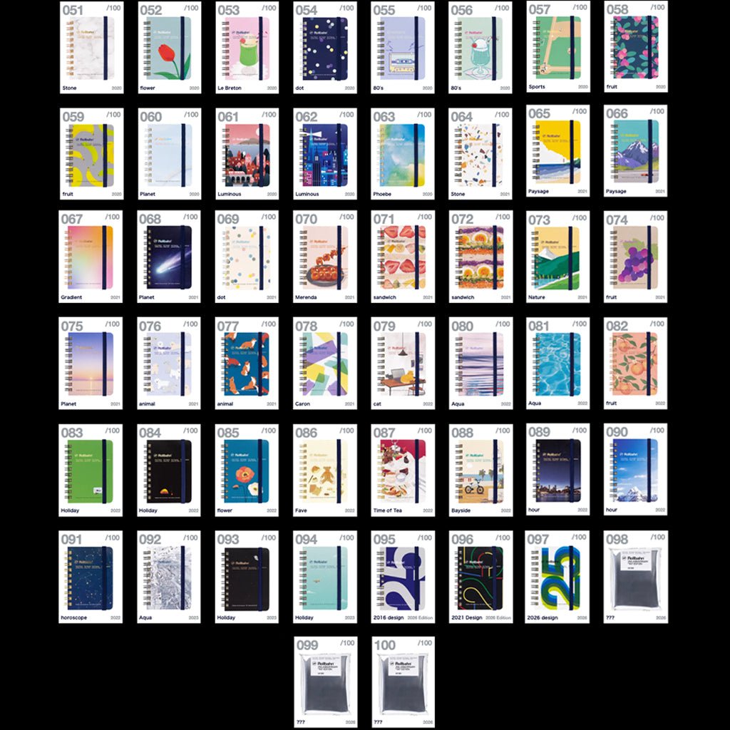 A grid of 50 notebook covers, numbered 51 to 100, displayed on a solid black background. The collection features a wide variety of colorful designs, patterns, and solid colors, including abstract art, nature scenes, and minimalist layouts.