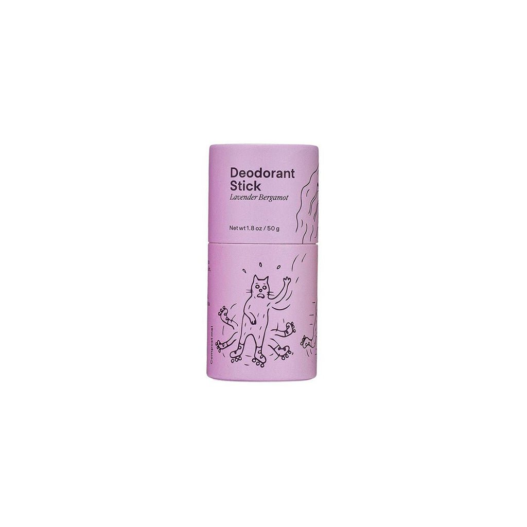 Pink lavender bergamot deodorant stick with a cartoon cat design on a white background