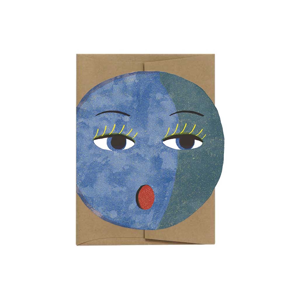 Greeting card with die-cut, moon face design with kraft envelope