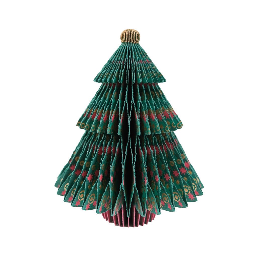 Honeycomb tree-shaped paper decoration standing upright.