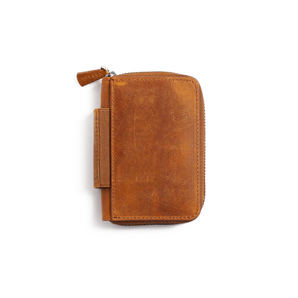 Brown leather zippered wallet on a white background