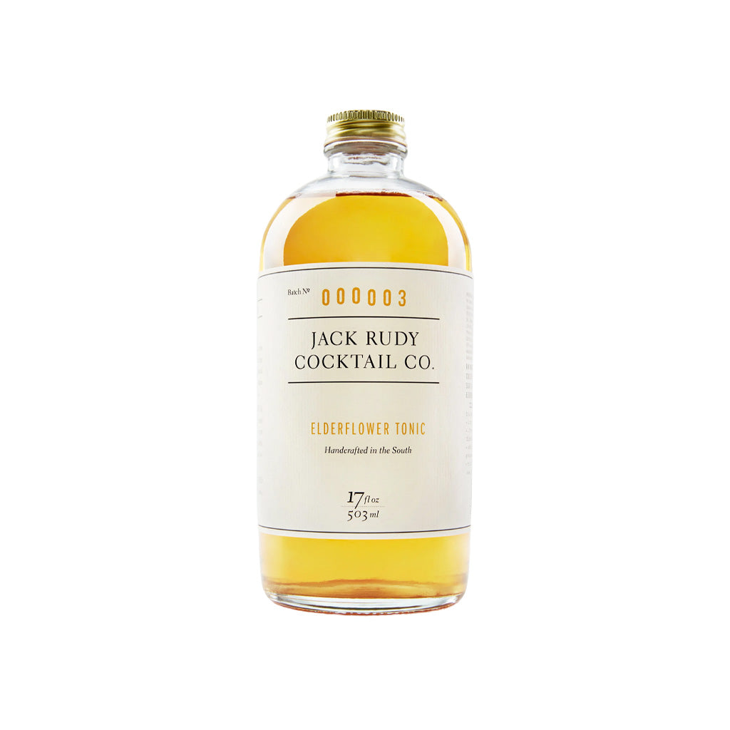 Bottle of Jack Rudy Cocktail Co. Elderflower Tonic on a white background