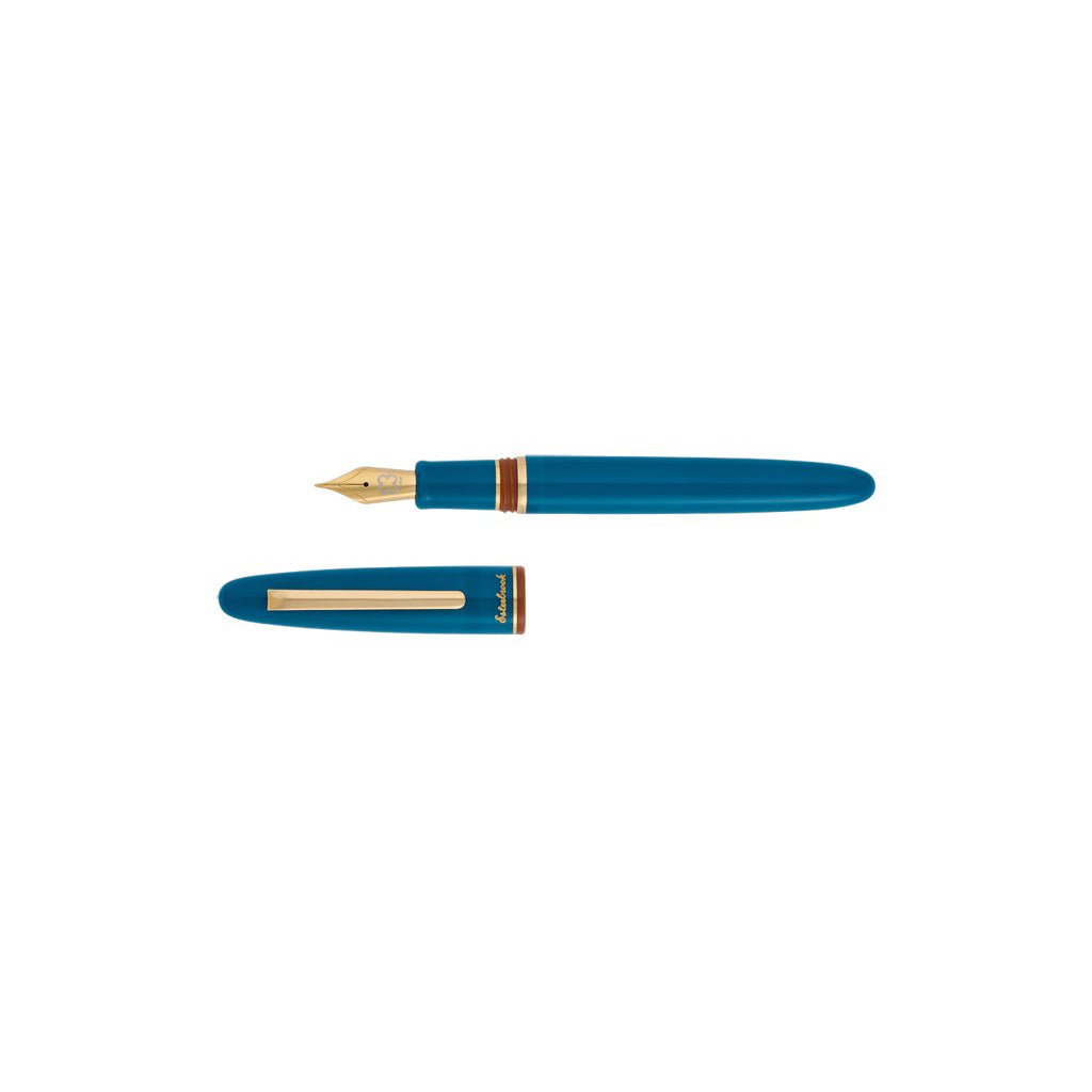 Blue fountain pen with gold accents on a white background