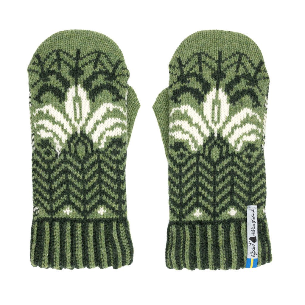 Pair of green knitted mittens with a pattern on a white background