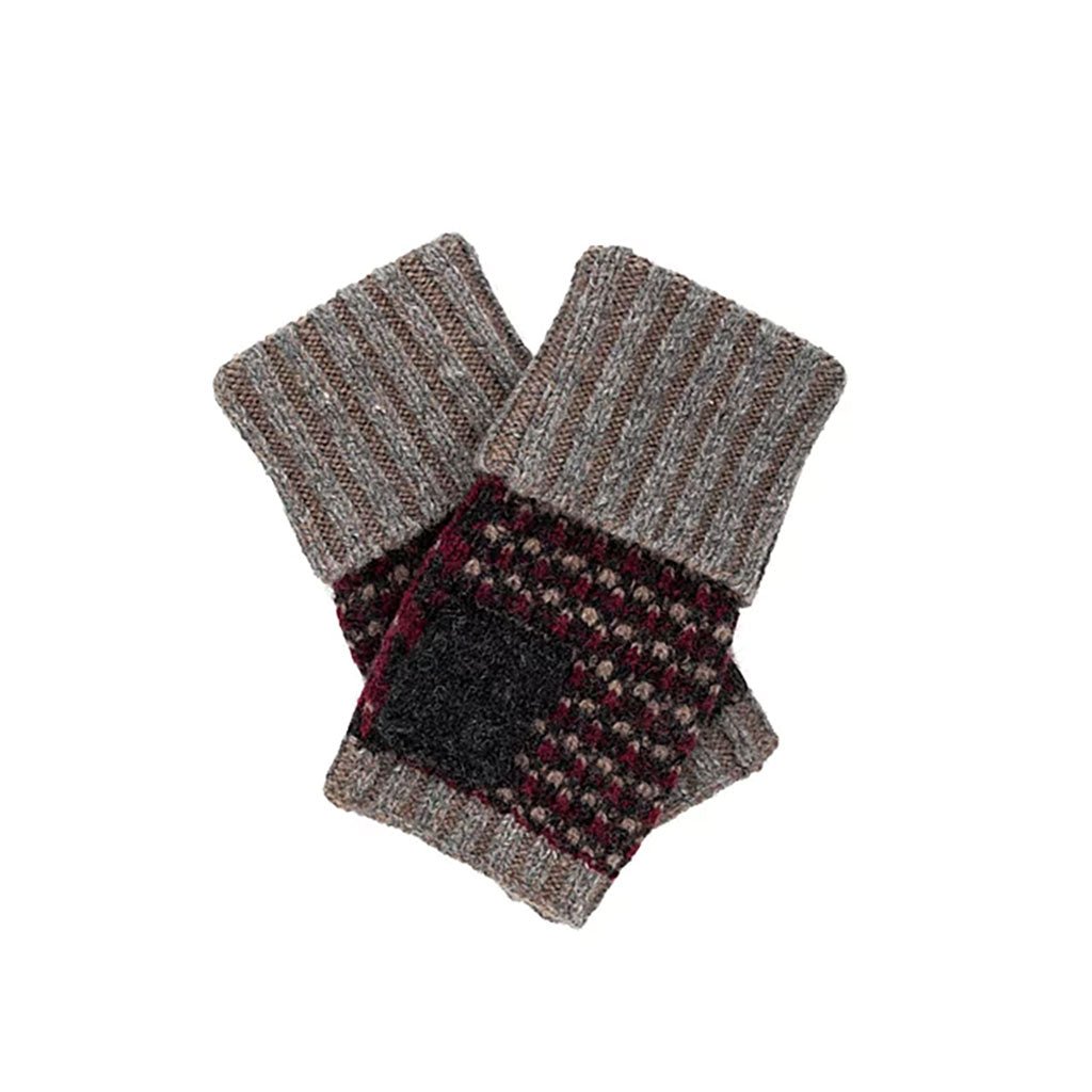 Pair of knitted wrist warmers with a patterned design on a white background