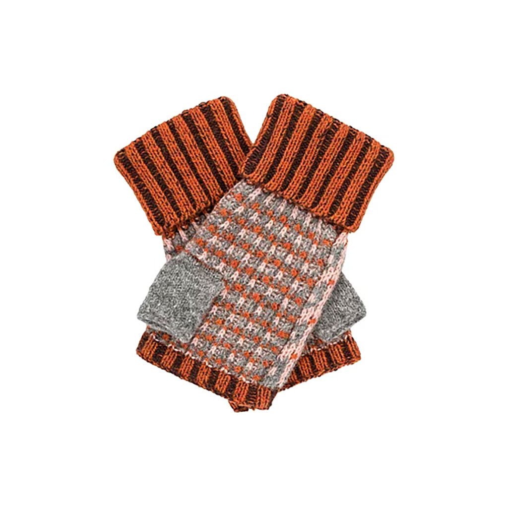 Pair of striped orange and gray fingerless gloves on a white background