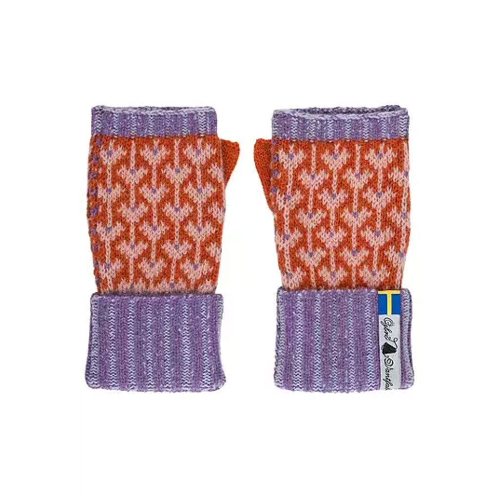 Pair of orange and purple patterned fingerless gloves on a white background