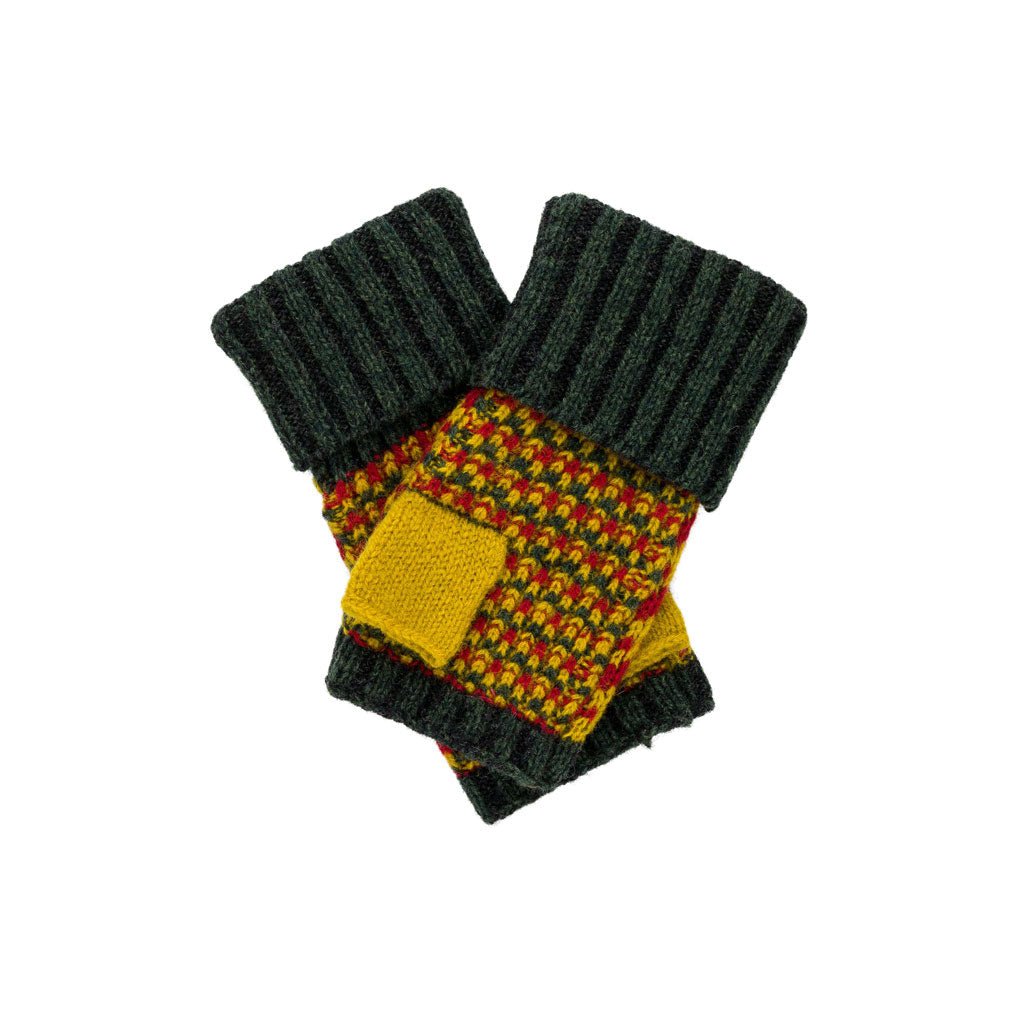 Pair of dark green fingerless gloves with a colorful pattern on a white background