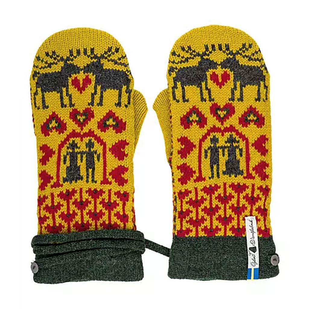 Pair of yellow mittens with moose and floral patterns on a white background
