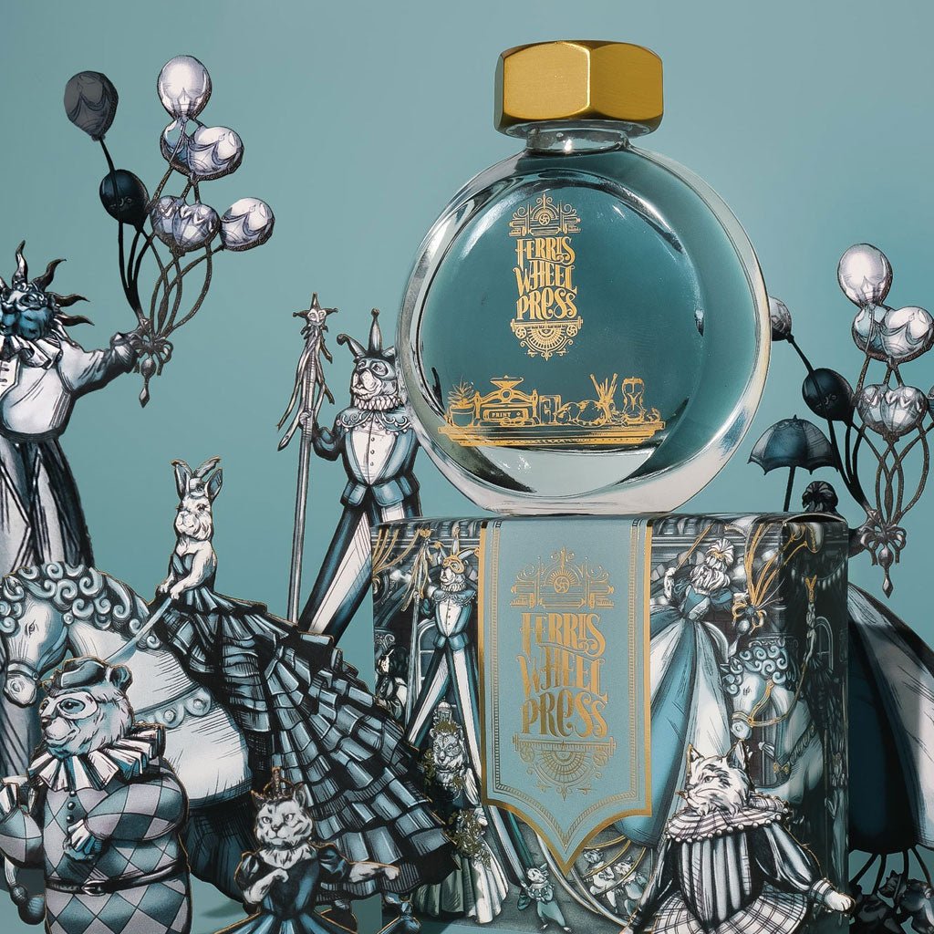 Ink bottle with decorative label featuring illustrated characters on a teal background