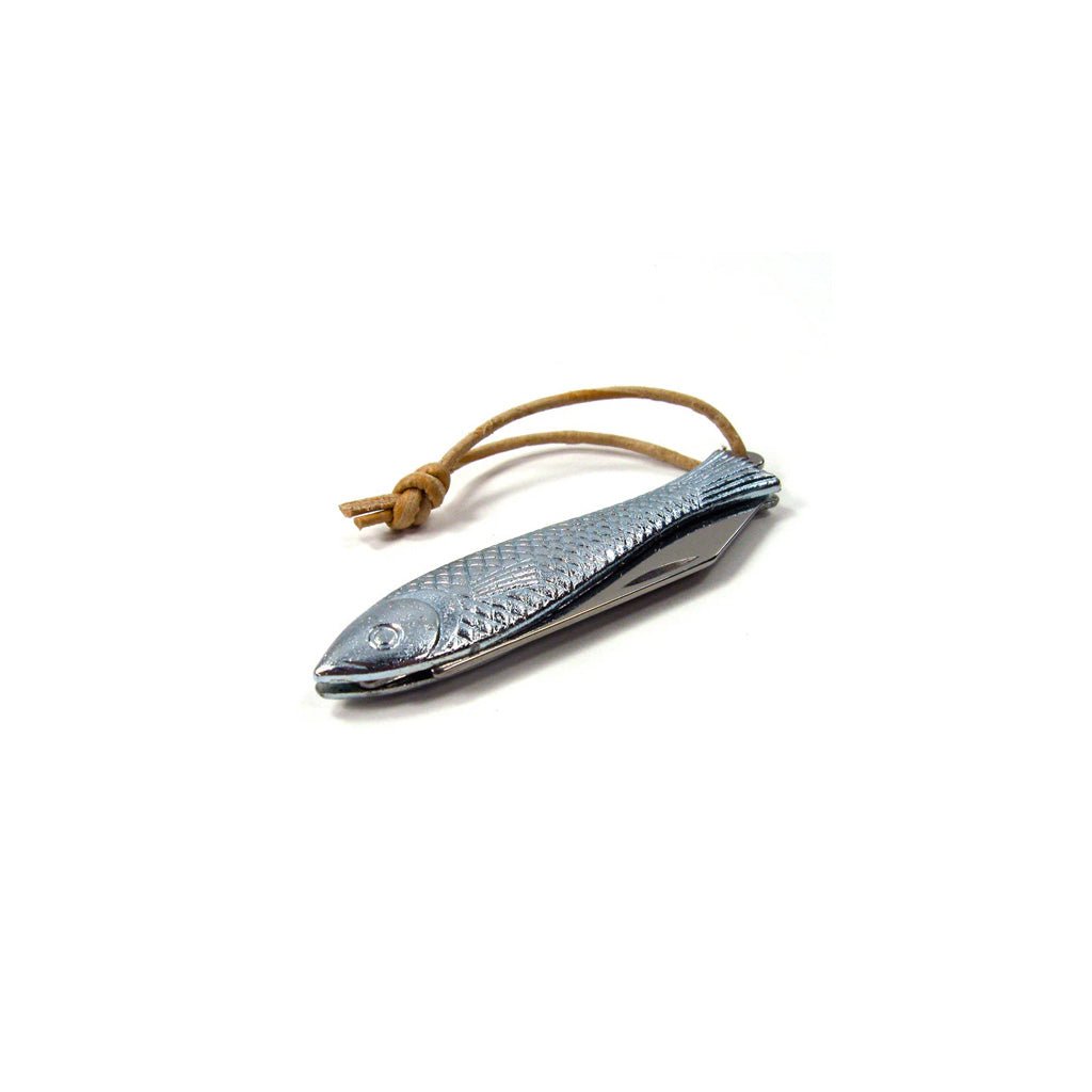 Chrome fish-shaped pocketknife with leather lanyard on white background