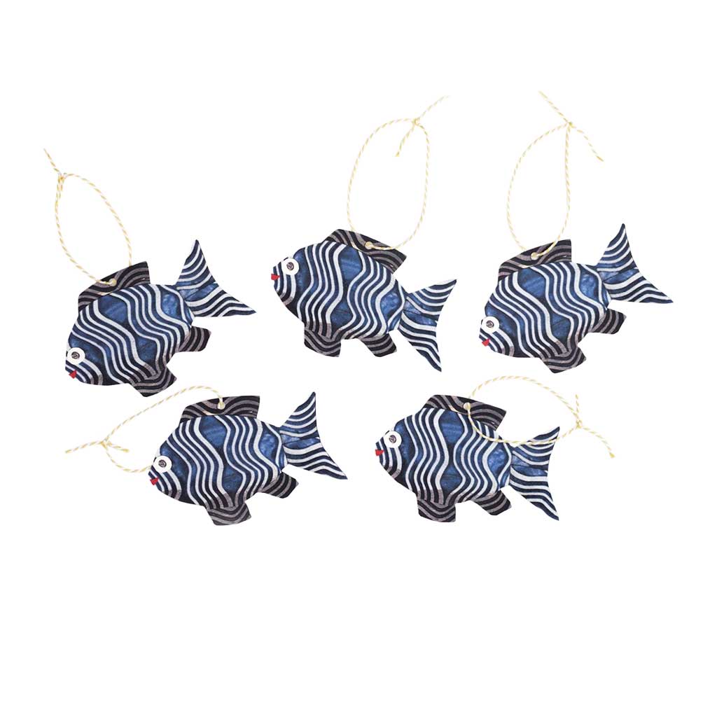 Set of five fish-shaped gift tags with colorful twine on white background