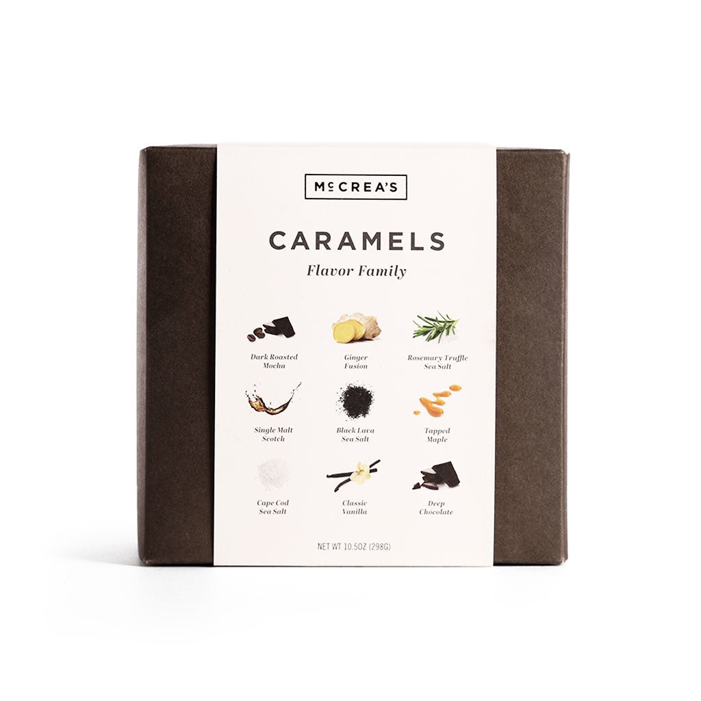 Box of McCrea's Caramels Flavor Family assortment box with flavor illustrations on a white background