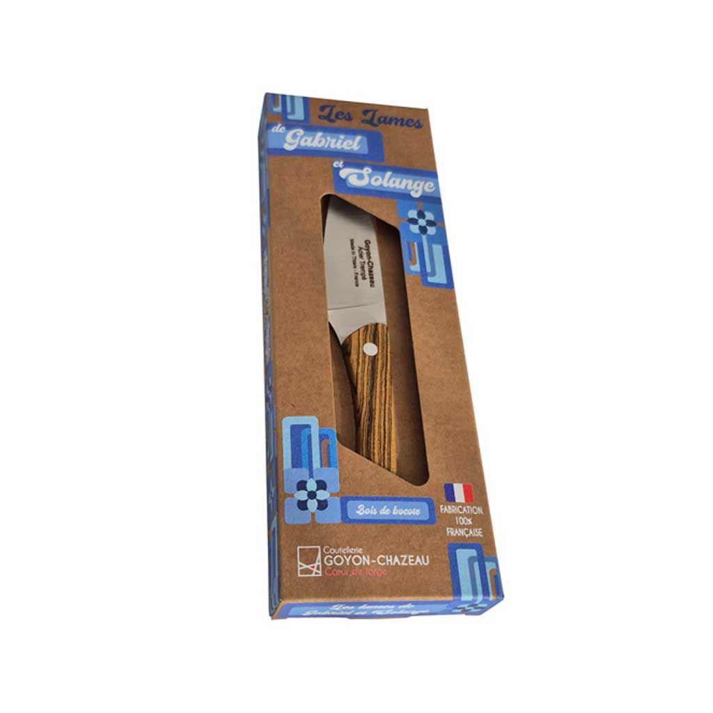 Stainless steel paring knife with two-toned jennywood handle and rivets in packaging on white background
