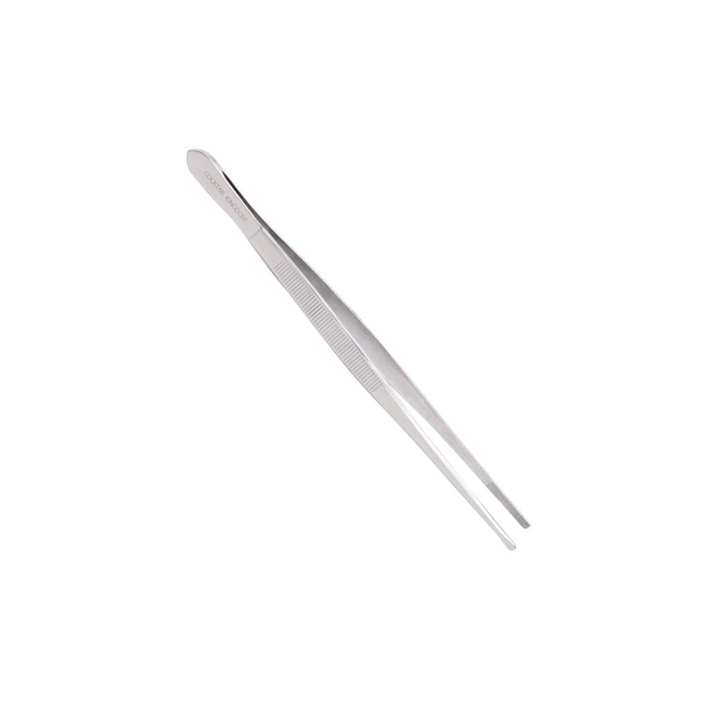 Stainless steel slim and long garnish tweezers on white background