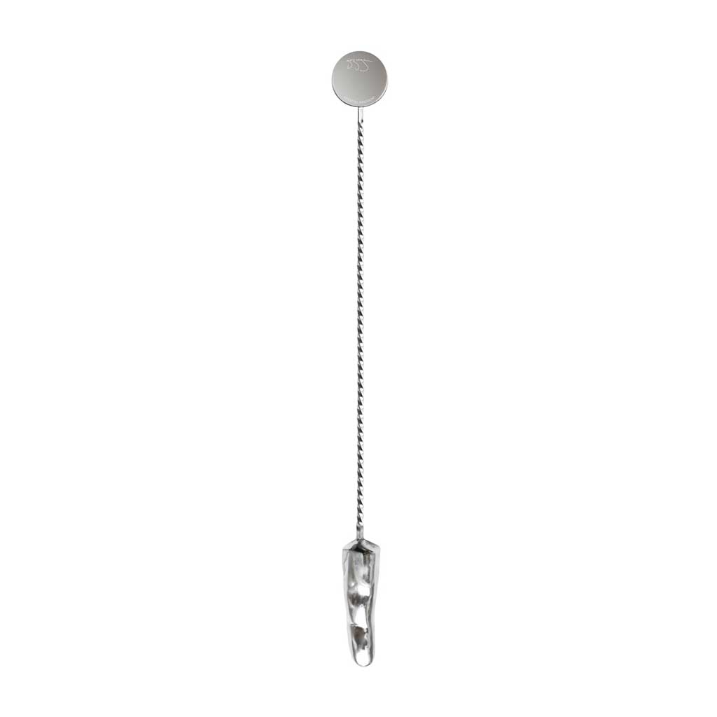 Stainless steel negroni finger stirrer back on white background