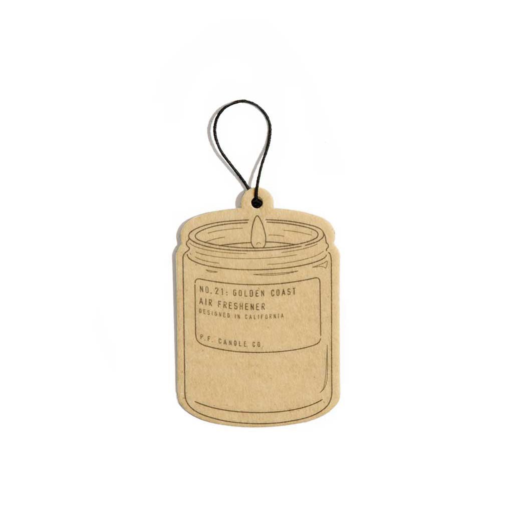 Kraft paper air freshener tag with 'Golden Coast' branding on a white background
