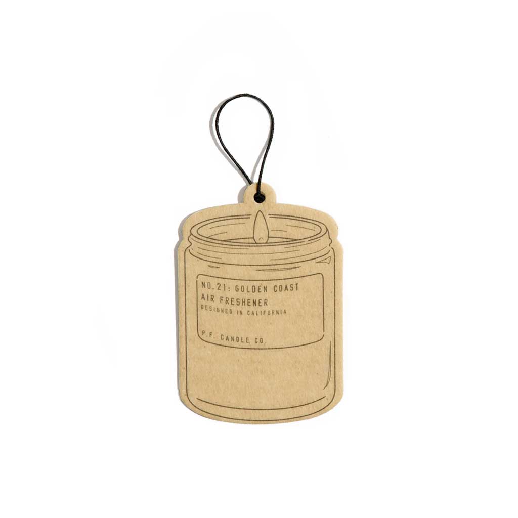 Kraft paper Golden Coast air freshener tag with a jar design on a white background