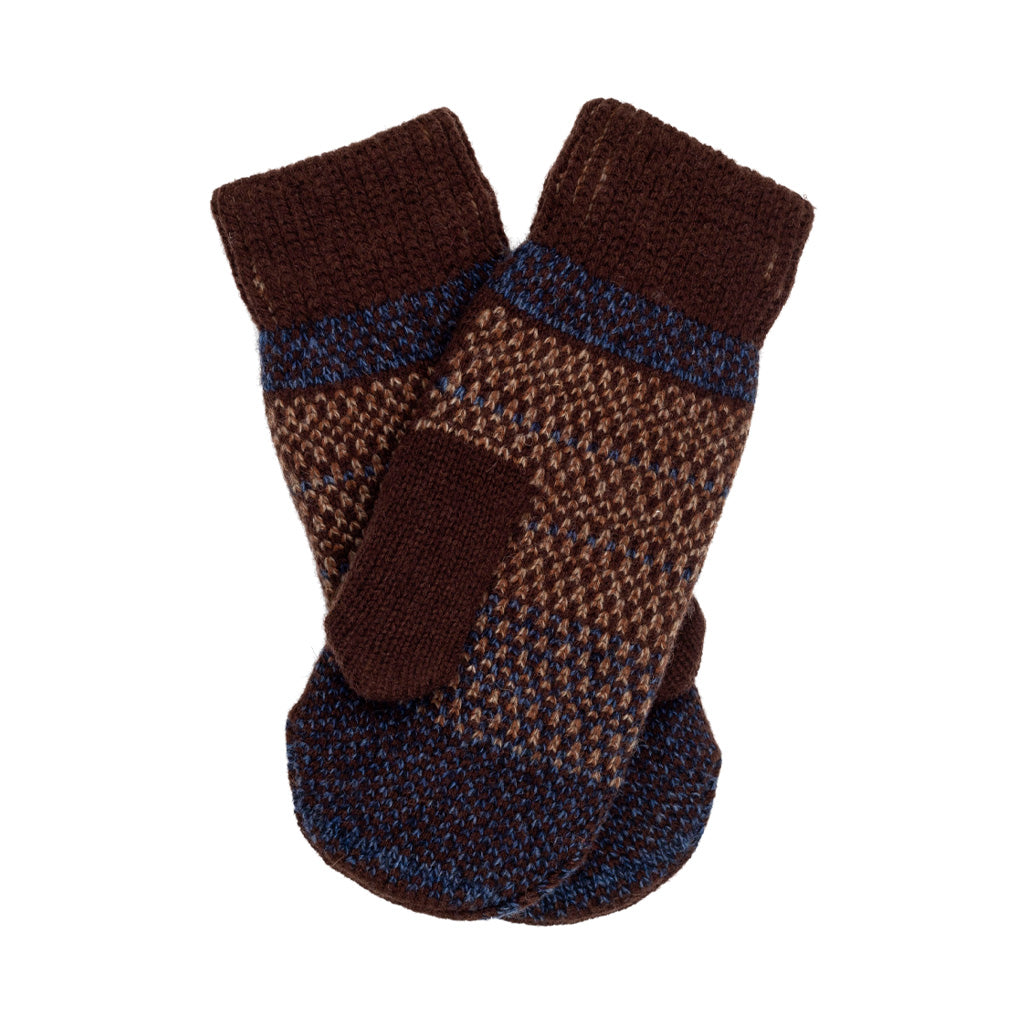 A pair of knit mittens in brown, navy, and beige, featuring solid brown cuffs and heel sections with a textured knit body.