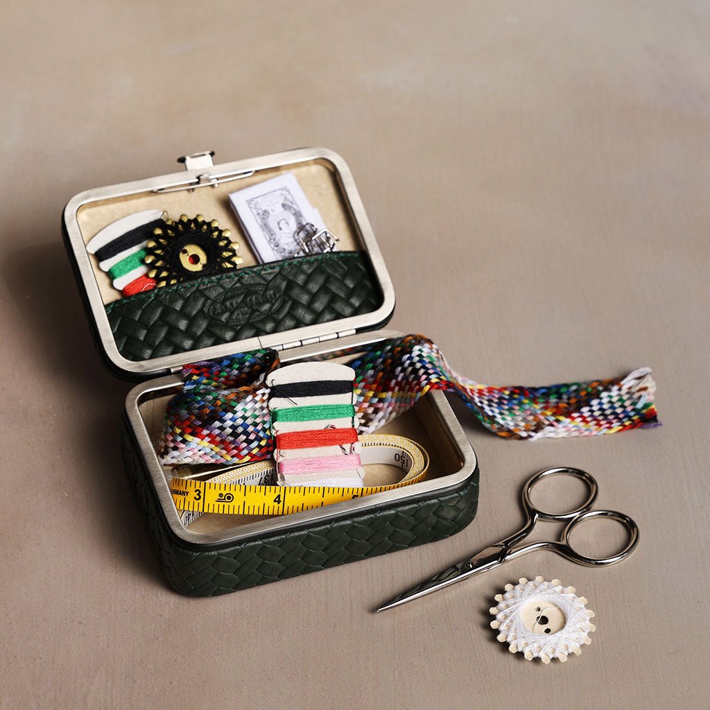 Green Leather Framed Sewing Set Boston General Store