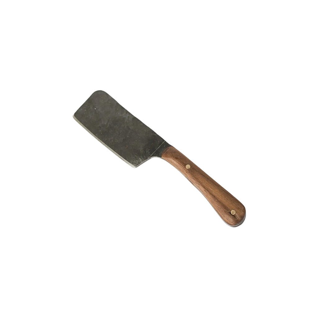 Hand-forged stainless steel spreader knife with walnut handle on white background