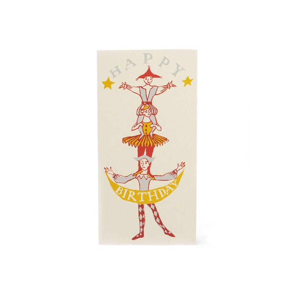 Birthday card with circus performers and happy birthday text on a white background