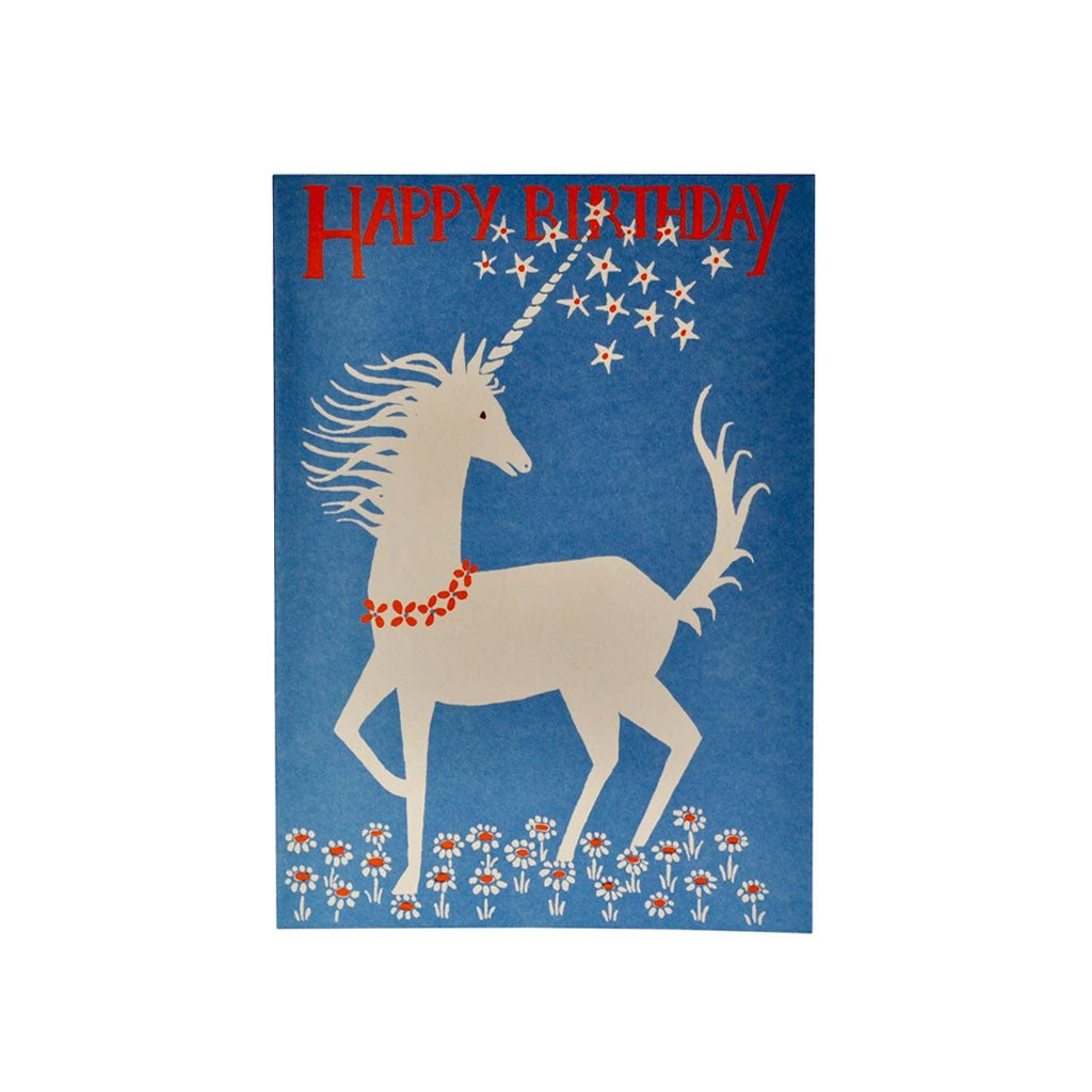 large birthday card with white unicorn and text happy birthday on the front