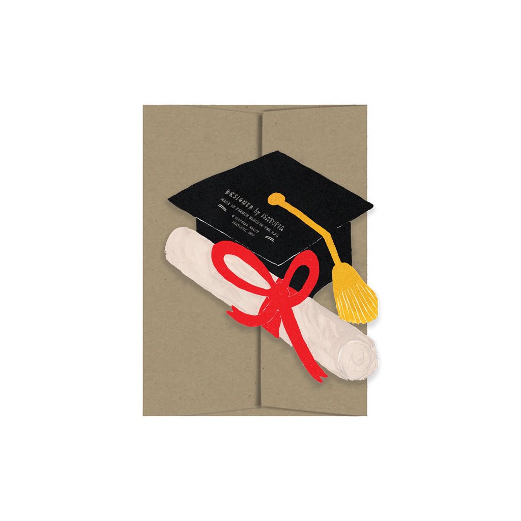 Graduation-themed card with cap, diploma, and tassel on a beige background